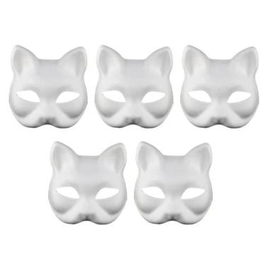 Imagem de Máscara de Gato Meia Face Branca (5 Peças) - DIY, Pintável, Halloween,