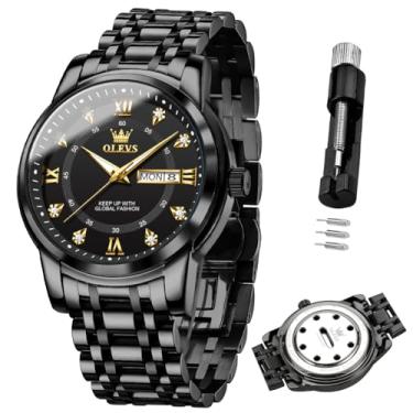 Imagem de OLEVS Relógio masculino pulseira de aço inoxidável impermeável 30 m calendário luminoso fragrância algodão para trabalho e ocasiões casuais popular, Preto-5513x