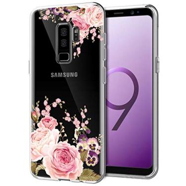 Imagem de Ueokeird Capa protetora para celular Galaxy S9 Plus 6,2 polegadas (2018), fina, à prova de choque, transparente, flexível, flexível, TPU floral, para Samsung Galaxy S9+ Plus (flor rosa)
