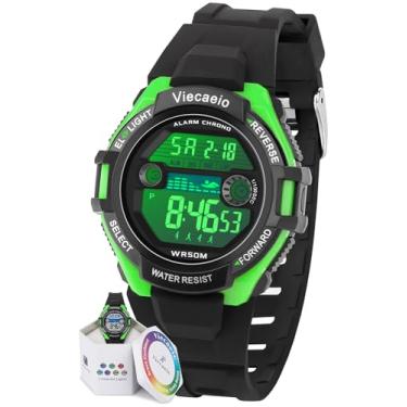 Imagem de Viecaeio Relógios infantis relógios esportivos digitais para meninos e meninas relógios à prova d'água ao ar livre com cronômetro de alarme relógio de pulso infantil colorido para idades 5-17, Preto com verde, Série de esportes
