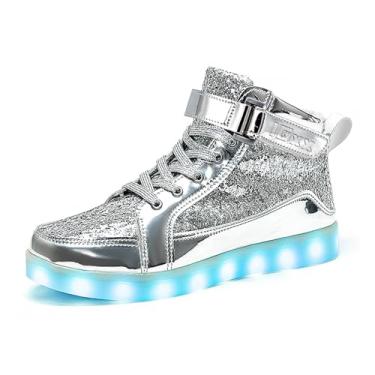 Imagem de IGxx Tênis de cano alto com luz LED – Recarregável, Brilhante, Piscando Sapatos para Homens, Mulheres e Crianças, Glitter prata, 9.5 Women/8.5 Men