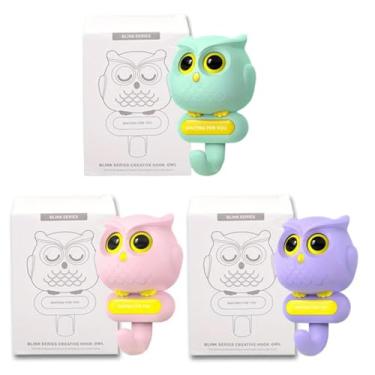 Imagem de Gautsa Ganchos fofos de coruja de gato, ganchos criativos adesivos, decorativos para entrada de quarto infantil, escritório, para bolsa de chave, roupão e toalha (coruja lavanda turquesa rosa)