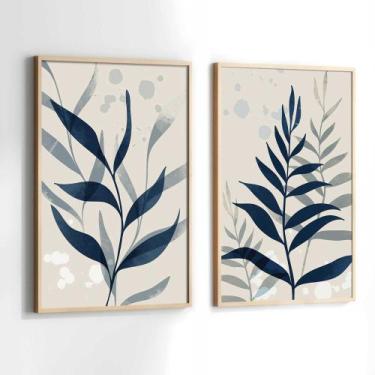 Imagem de Conjunto Quadros Decorativos com Moldura Folhas Azul Tons Neutro Kit 2