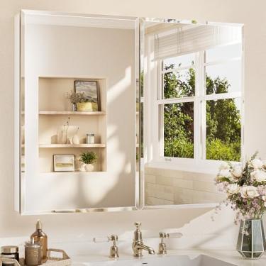 Imagem de TETOTE Armário de remédios de 101 x 81 cm com espelho chanfrado temperado branco para banheiro com dobradiças DTC de armário de alumínio de armazenamento, prateleiras ajustáveis contínuas, embutidas