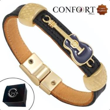 Imagem de Pulseira de Couro Preto Marrom Magnética Música Violão Guitarra Dourado-Unissex