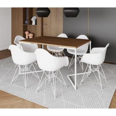 Imagem de Mesa Industrial Jantar Amêndoa 137X90Cm Base V Com 6 Poltronas Brancas