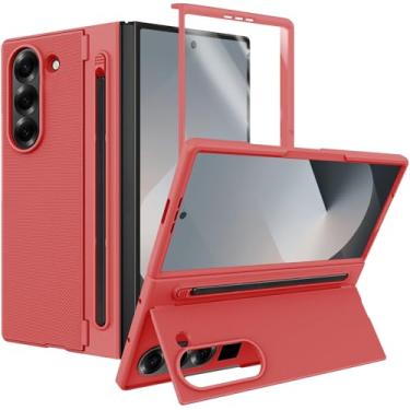 Imagem de Capa para Samsung Galaxy Z Fold 6 com suporte e caneta S [S Pen incluída] [Suporte invisível] Capa protetora fina à prova de choque para Galaxy Z Fold 6 com S Pen vermelha