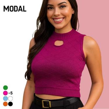 Imagem de Blusa Regata Cropped Feminino Tricot Modal Vazado Sem Manga - Vitrine 