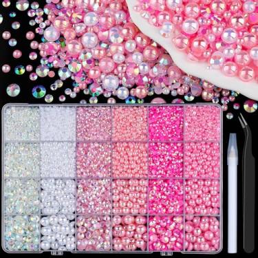Imagem de 10.000 peças de pérolas planas e strass de resina para artesanato, rosa branco 3-8 mm meias pérolas e strass de geleia de 3-6 mm com ferramentas de captação, pedras deslumbrantes para artesanato faça