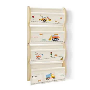 Imagem de wooshwa Estante de madeira montada na parede para quartos de crianças, prateleira flutuante de 4 níveis, estante infantil com 2 bolsos, suporte para livros infantis com mangas profundas (escavadeira)