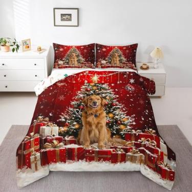 Imagem de Feelyou Conjunto de edredom de cachorro Merry Christmas, tamanho casal, animais fofos, para decoração de quarto de meninos, meninas, adolescentes, animais de estimação, mulheres, homens, árvore, floco