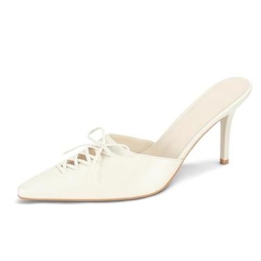 Imagem de Dsevht Salto gatinho preto feminino bico fino fechado elegante salto laço vintage mules sexy pontudo cravejado sapato stiletto, Branco, 37