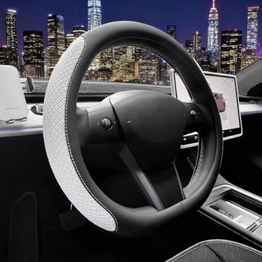 Imagem de SEG Direct Capa de volante de fundo plano, capa de roda de carro em forma de D 37-39 cm, couro de microfibra em relevo preto e branco