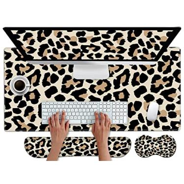 Imagem de Lindo conjunto de mouse e descanso de pulso, tapete de mesa estendido (80 cm x 30 cm) com almofada de teclado ergonômico de espuma viscoelástica, mouse pad grande para jogos, fácil digitação para decoração de escritório em casa, estampa de oncinha