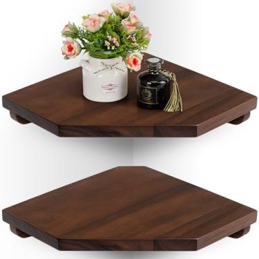 Imagem de Demigo Prateleiras flutuantes de canto hexagonal (conjunto de 2) – madeira de acácia sólida com suportes ocultos e orifício para cabo – Prateleiras rústicas e modernas que economizam espaço para