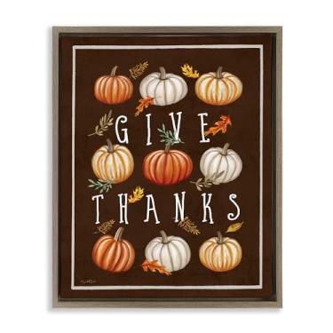 Imagem de Stupell Industries Give Thanks with Varied Pumpkins Brown Framed Floater Canvas Wall Art, design by Elizabeth Tyndall, 30 x 25
