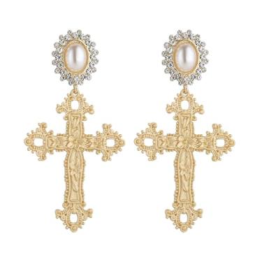 Imagem de HZMAN Brincos brilhantes com pingente de cruz banhados a ouro, brincos de pérola estilo barroco bizantino retrô, joias de bola, Zinco, Sem pedra preciosa