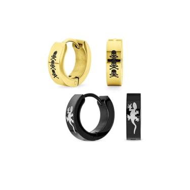 Imagem de Biker Jewelry Small Laser Gravado Cruz Dragão Luz Bolt Estrelas Águia Caveiras Lagarto Chaveiro Grego Argola Kpop Brincos para Homens Mulheres Adolescentes Preto IP Prata Banhado a Ouro Aço Inoxidável