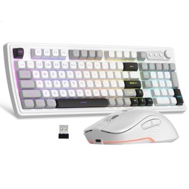 Imagem de MageGee Combo de teclado e mouse sem fio cremoso V990, teclado para jogos silencioso recarregável RGB de 99 teclas, mouse óptico ajustável, com teclado numérico, conjunto de teclados para desktop