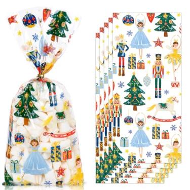 Imagem de JarThenaAMCS 100 unidades de sacos de celofane de Natal com laços torcidos para árvore de Natal, quebra-nozes, sacos de guloseimas de plástico para doces de inverno, aniversário, chá de bebê