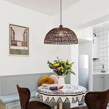 Imagem de Luminária pendente de vime vintage, luminária pendente de bambu natural e tecido, E27, lâmpada retrô, mesa de jantar, lustre, decoração, lâmpada de madeira para sala de estar, café, corredor