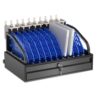 Imagem de Estação de carregamento aberta para 10 dispositivos para Chromebooks e tablets – Rack de aço resistente com gaveta de armazenamento bloqueável, organizador de carregamento para vários dispositivos