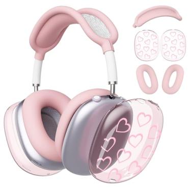 Imagem de BlHMCASE Capa de fone de ouvido para AirPods Max, fofo Kawaii Love Heart Clear Ear Cups, capa de silicone rosa para fones de ouvido para Apple AirPods Max