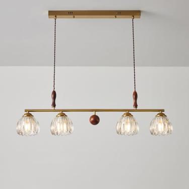 Imagem de Lustres lineares de 4 luzes para sala de jantar, luminária pendente moderna de meados do século, iluminação pendente de vidro âmbar, luminária de teto vintage dourada, de fazenda, para ilha