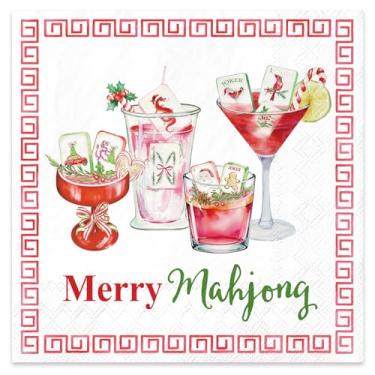 Imagem de JarThenaAMCS Guardanapos de papel descartáveis para festa de Mahjong de Natal, 50 peças, guardanapo de bebida Merry Mahjong Martini para Natal, aniversário, despedida de solteira, chá de panela