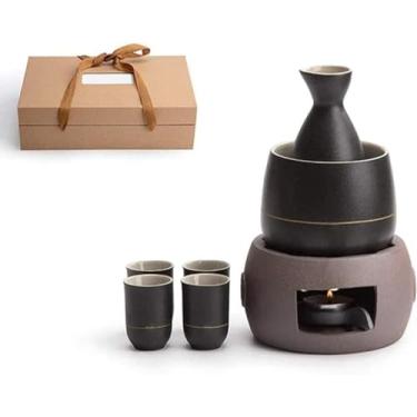 Imagem de JOEUQK Conjunto de saquê com aquecedor, conjunto tradicional de saki quente, 7 peças, incluindo 1 fogão de vela, 1 caneca de aquecimento, 1 pote de saquê e 4 copos de saquê, 9 peças
