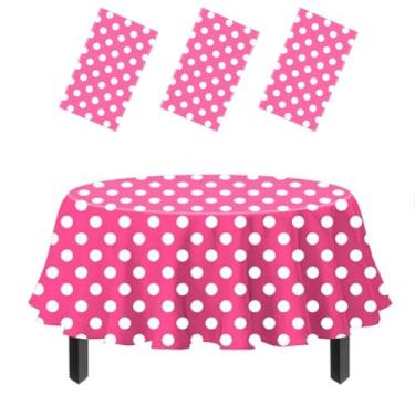 Imagem de spintenis Toalha de mesa redonda de bolinhas, 213 cm, rosa e branco, plástico impermeável, pacote com 3