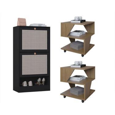 Imagem de Kit Sapateira 2 Portas E 2 Mesas De Cabeceira/centro Poquema Carvalho/preto