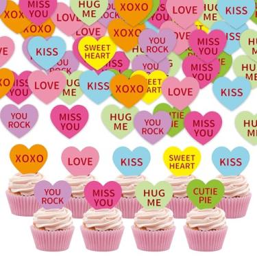 Imagem de 40Pcs Edible Happy Valentine's Day Cupcake Toppers Wafer Paper Valentine's Day Cake Decorations for Wedding Engagement Bridal Shower Birthday Party Cake Decorations Supplies