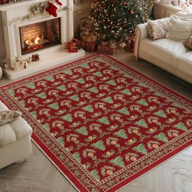 Imagem de Artoid Mode Tapete vermelho para área de Natal com visco e árvore de Natal, decoração de casa de inverno, antiderrapante, lavável, tapete grande para sala de estar, quarto, fazenda, sala de jantar