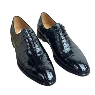 Imagem de Sapato social masculino autêntico de crocodilo verdadeiro couro de jacaré exótico genuíno com cadarço bico redondo Oxfords, Preto, 41