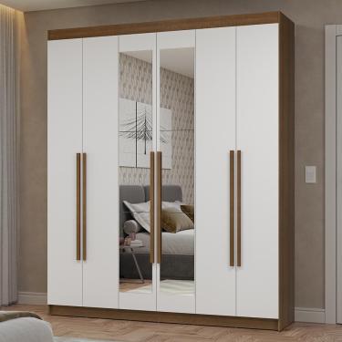 Imagem de Guarda-Roupa Casal 6 Portas Batentes com Espelho Rustic/Branco/Rustic Netuno Madesa