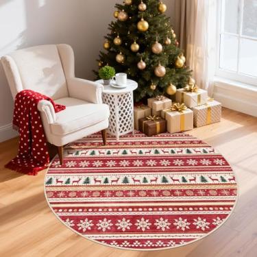 Imagem de Tapete redondo de Natal para sala de estar de 1,8 m - 15 x 15 cm macio lavável à máquina tapetes de fazenda para quarto embaixo da mesa de jantar - Tapete antiderrapante neutro Morden para escritório