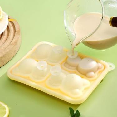 Imagem de Bandeja de silicone para cubos de gelo, moldes grandes para cubos de gelo Bear 3D para uísque, coquetéis, vinho e suco, 4 bandejas de gelo grandes e fofas de animais para freezer com tampa fácil