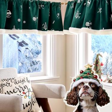 Imagem de jinchan Velvet Noel Valance Christmas Rod Pocket Valance – Tratamento de janela de 40,6 cm para cozinha, sala de estar e quarto – Painel de cortina de janela pequena verde de lã de ovelha grossa e
