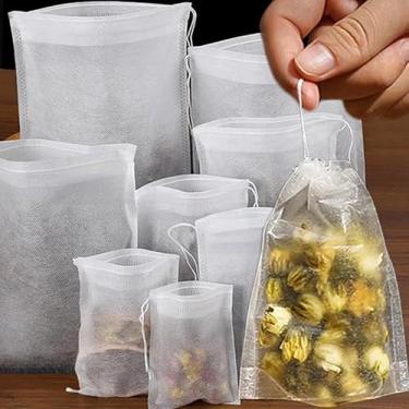 Imagem de 100 sacos de filtro de chá descartáveis com cordão, tecido não tecido, sacos de filtro de chá para café, especiarias, utensílios de cozinha de vários tamanhos (12 * 16 cm)