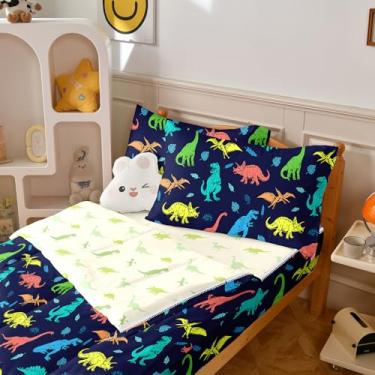 Imagem de Yadangxiawa Jogo de edredom infantil, solteiro, com zíper, estampa de dinossauro, lençol com elástico e fronhas para todas as estações (dinossauros-C)