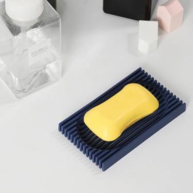 Imagem de Saboneteira sem perfuração para banheiro, suporte de sabonete, dispensador de sabonetes de cozinha, design canelado, inclinado, bandeja de sabonetes de drenagem oportuna, utensílios domésticos, azul