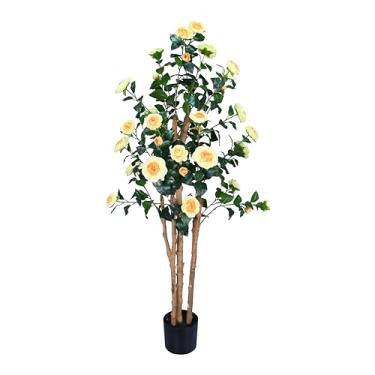Imagem de Camélia de árvores artificiais realistas com troncos de madeira natural, rosa sintética de seda perene com flores de seda, decoração interna para sala de estar, varanda, escritório (amarelo, 1,5 m x 1