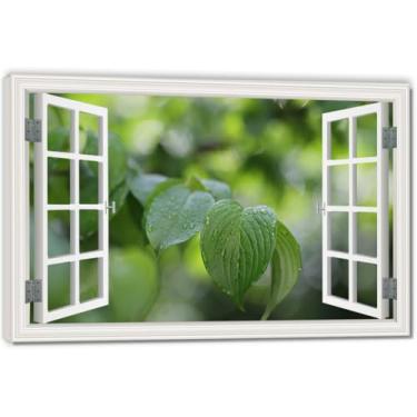 Imagem de Water On The LeavesImpressão artística em tela de ilusão de janela falsa, arte de parede com vista panorâmica real para sala de estar 20 x 30 cm emoldurada