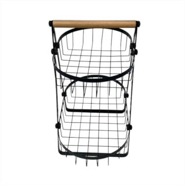 Imagem de Fruteira De Mesa Cesta Aramada de Metal Redondo 2 Andares Alca Madeira Funcional Moderna Decorativa(Preto)