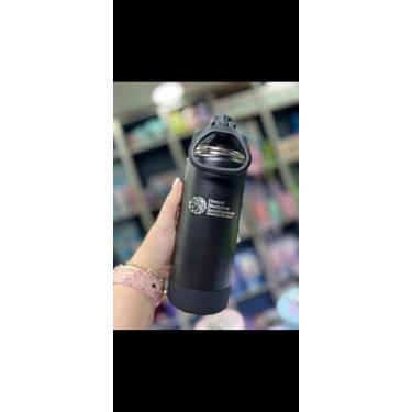 Imagem de Garrafa Térmica de Água 600ml com Alça Garrafinha 2 em 1 com Canudo e Saída Livre em Inox e Sistema Térmico a Vácuo (Preto)