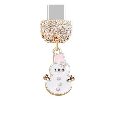 Imagem de ELISE & FONDA TP981 Tipo-C porta de carregamento cristal antipoeira pequeno boneco de neve pingente de celular para iPhone 15/16/Samsung/OnePlus/Xiaomi/oppo telefones Android (branco e rosa)