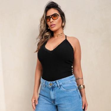 Imagem de Blusa Cropped Alcinha Com Renda Feminina Revanche Algeciras, P, Preto