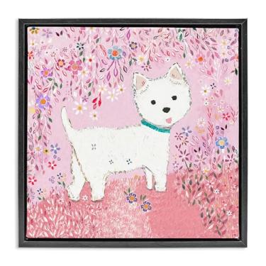 Imagem de Stupell Industries Lola Pink Floral Puppy Black Framed Floater Canvas Wall Art, design por Clare Tupper, 25 x 25