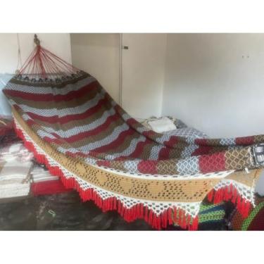 Imagem de Rede de Dormir, Rede de Descanso Dormir Bucho de Boi Toda Reforçada Até 350kg Estampada(BRANCA COM VERMELHO E MARROM)